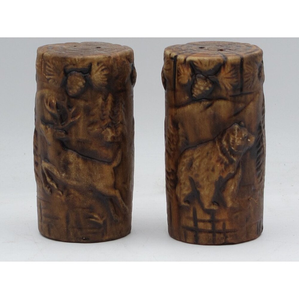 Buck Bear Woodland Tree Trunk Salt Pepper Shaker Set Brown